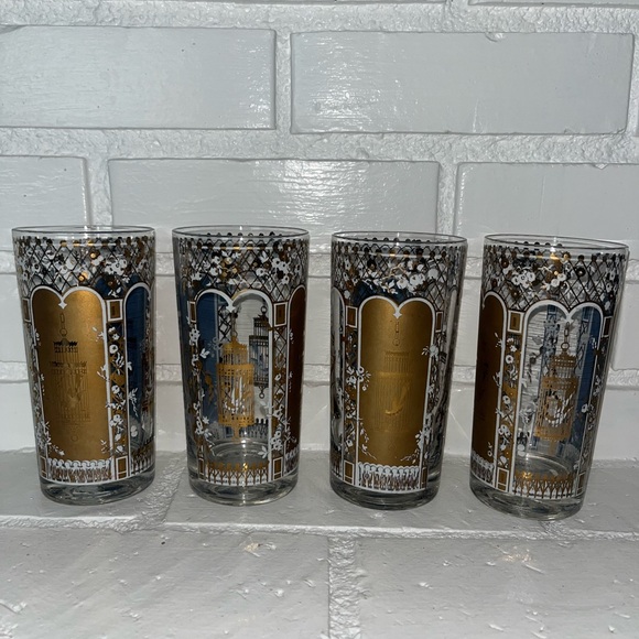 Vintage MCM 22 Karat Gold Rocks Glasses Blue Birdcage Set of 4 Georges Briard - Picture 2 of 14